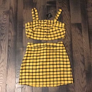 Plaid square neck two piece skirt set
